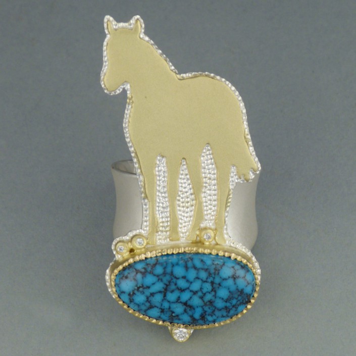 Silver and 18k Gold Horse Ring with Diamond Accents and Kingman Turquoise Cabochon