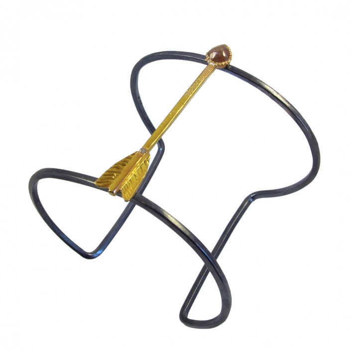 Archery_Oxidized Sterling Silver Cuff with 18 Carat Gold Arrow and Two Diamonds