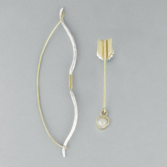 Archery_earrings in gold, silver and rose cut diamond