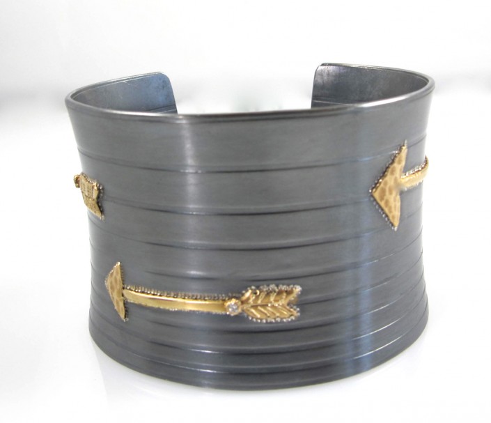 Archery_oxidized silver and gold arrow cuff with diamonds