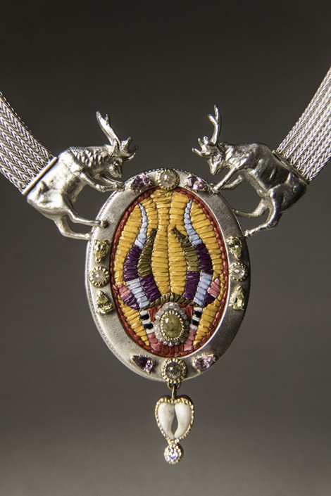 Collab_Elk necklace back antique micro seed beads, quillwork, diamond, elk ivory