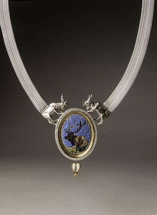 Collab_Elk necklace front_antique micro seed beads, quillwork, diamond, elk ivory