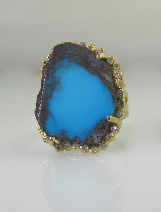 Gems_slab bisbee ring 18k gold, diamonds, bisbee turquoise
