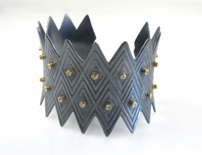 Geometric_oxidized silver, diamond and gold spike cuff