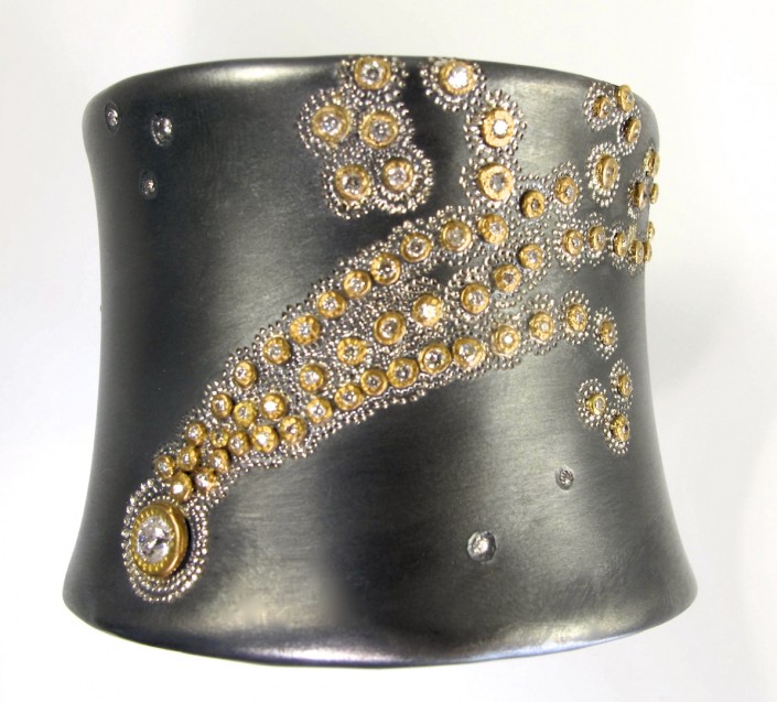 Mommy_I created this after the loss of my mother Oxidized sterling silver set throughout with 90 rosecut diamonds in 18 karat gold settings Stamped KA 925 18K
